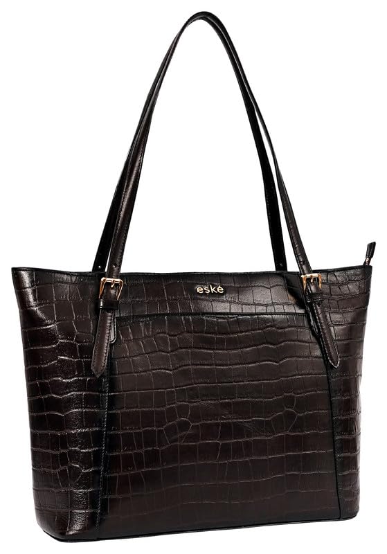 eske Jemma Genuine Leather Tote Bag for Women (Dark Tan Hand-Stitched) 