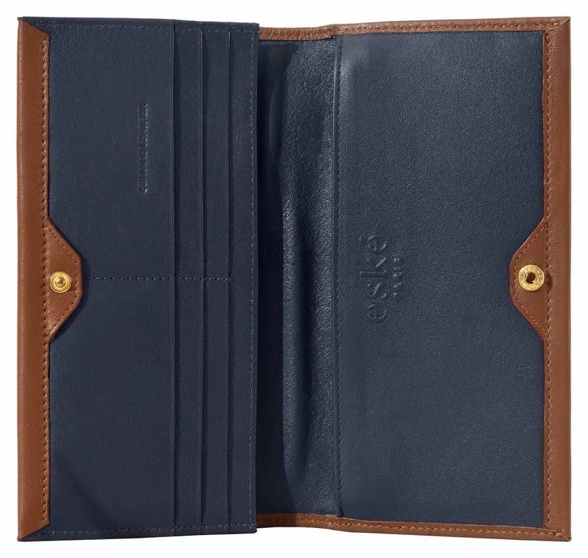 eske Kale - Two fold Wallet - Genuine Quilted Leather - Holds Cards, Coins and Bills - Compact Design - Pockets for Everyday Use - Travel Friendly - for Women (Navy Cognac) 