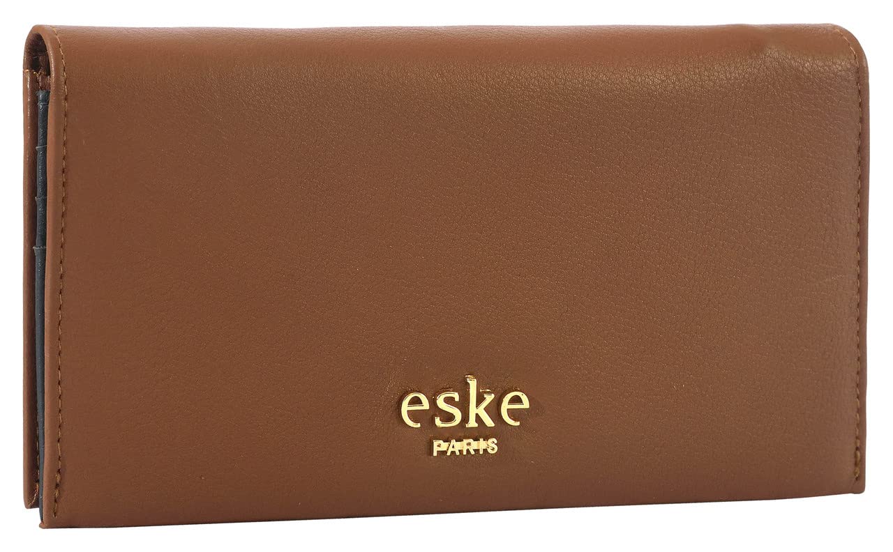 eske Kale - Two fold Wallet - Genuine Quilted Leather - Holds Cards, Coins and Bills - Compact Design - Pockets for Everyday Use - Travel Friendly - for Women (Navy Cognac) 