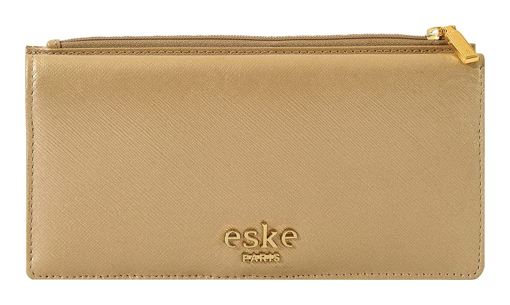 eske Kyle - Two fold Wallet - Genuine Quilted Leather - Holds Cards, Coins and Bills - Compact Design - Pockets for Everyday Use - Travel Friendly - for Women (Light Gold Saffiano) 