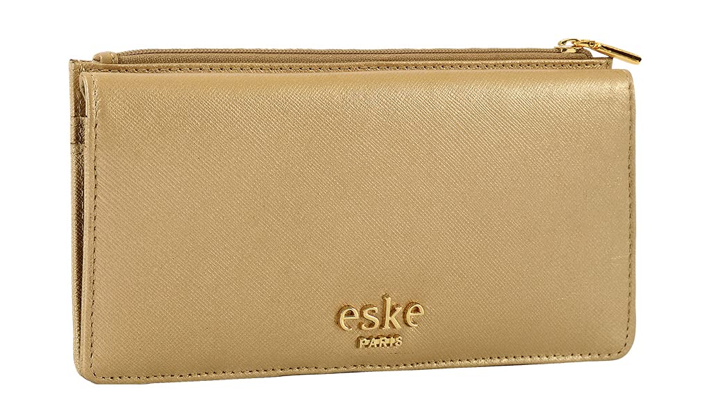 eske Kyle - Two fold Wallet - Genuine Quilted Leather - Holds Cards, Coins and Bills - Compact Design - Pockets for Everyday Use - Travel Friendly - for Women (Light Gold Saffiano) 