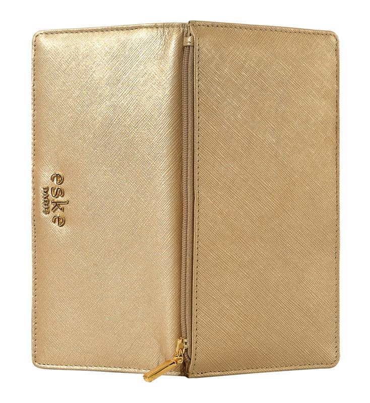 eske Kyle - Two fold Wallet - Genuine Quilted Leather - Holds Cards, Coins and Bills - Compact Design - Pockets for Everyday Use - Travel Friendly - for Women (Light Gold Saffiano) 