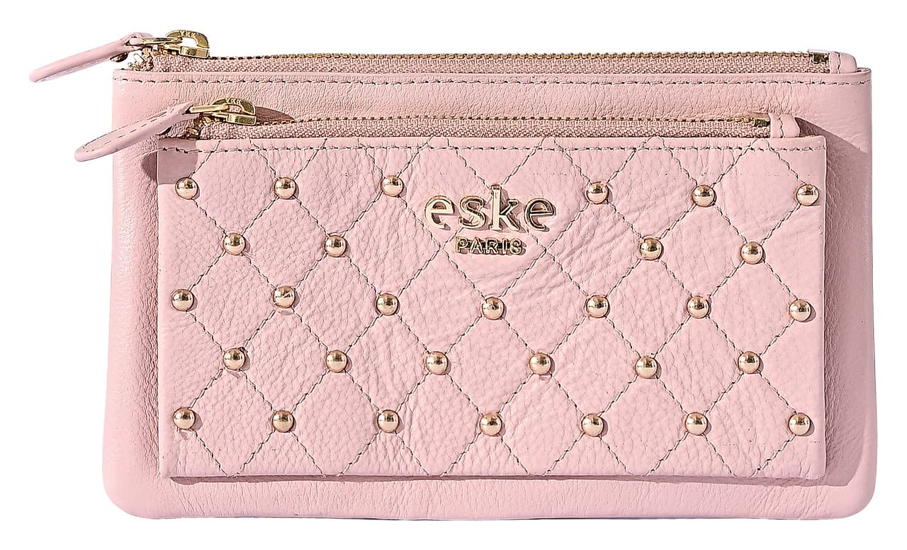 eske Melba - Zip Around Wallet - Genuine Quilted Leather - Holds Cards, Coins and Bills - Compact Design - Pockets for Everyday Use - Travel Friendly - Water Resistant - for Women (Rose Cosmos) 