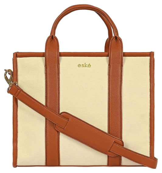 eske Trifine Vegan Leather Tote Bag for Women - Ladies Shoulder Bag - Spacious Compartments - Durable - Water Resistant - Adjustable Strap (Ivory Cognac) SaumyasStore