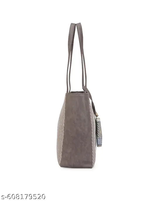 Globus Women Grey Vegan Leather Jute Abstract Print Double Handle Tote Bag With Pouch