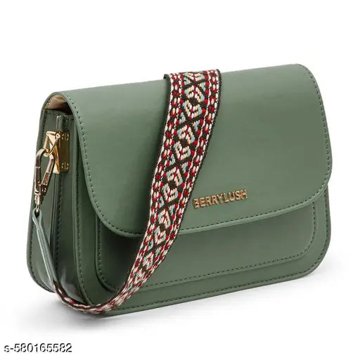 Berrylush Women Solid Green PU Detachable Sling Strap Geometric Pattern Structured Regular Sling Bag