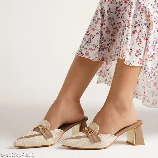 JM Looks Women’s Designer Pointed-Toe Mules with Metal Detail – Slip-On Block Heel Sandals for Office & Casual Use.