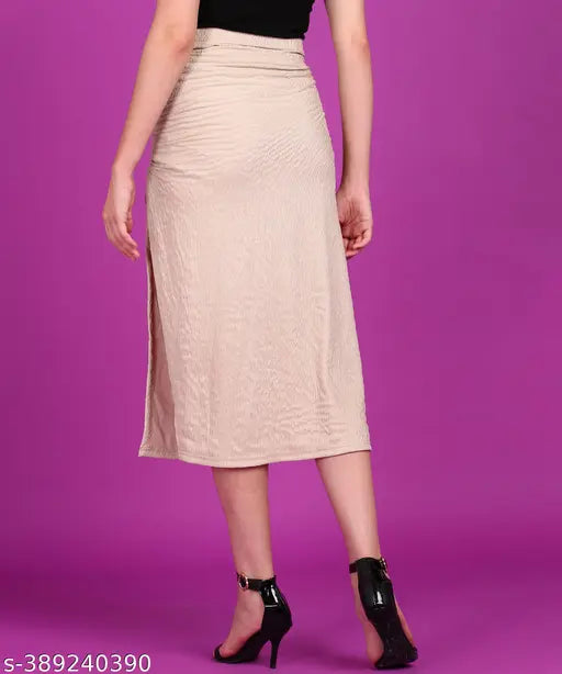 Popwings Women Casual Beige Long Slit Self Design Solid Skirt | Women Trendy Skirt | Women Latest Design Skirt
