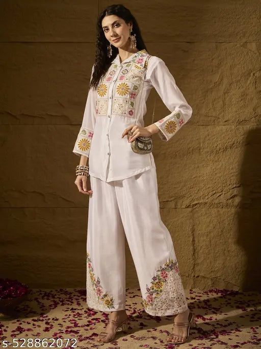 Miss Ethnik Women’s White Color Full Stitched Chinon Co-Ord Set with Santoon Inner Embroidered Top & Bottom Set (1267-White)