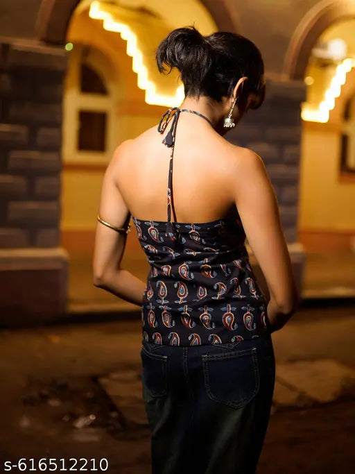 Anni Designer Women's Rayon Viscose Navy Sleeveless Kurti with Beautiful Floral Printed Work, Elegant Ethnic Top for Festive, Casual & Daily Wear, Stylish Designer Kurta for Women and Girls