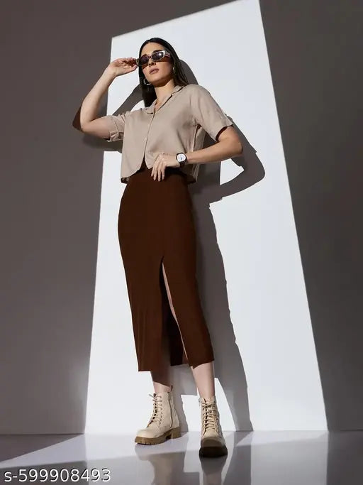 Globus Women Brown Mid-Rise Self Design Striped Front Slit Midi Workwear Pencil Skirt