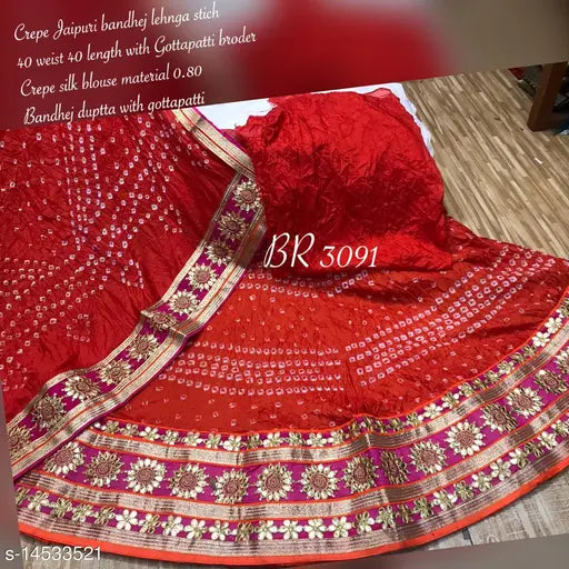 PK HUB Women's Jaipuri Crepe Lehenga Choli with Art Silk bandhej Dupatta Gota Patti Work