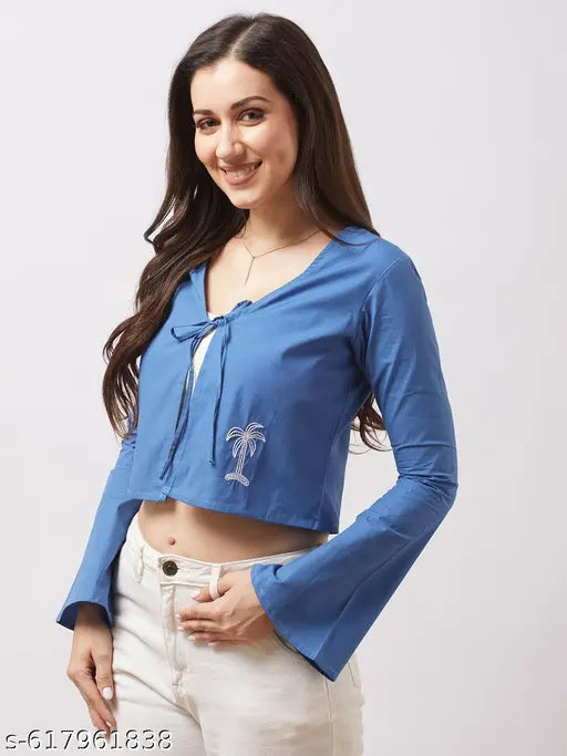 Globus Women Blue Tie-Up V-Neck Bell Sleeves Embroidered Detail Front Open Crop Top