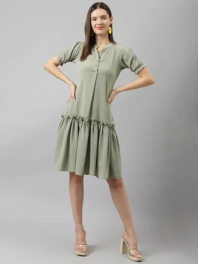 Stylish Olive Georgette Solid A-Line Dress For Women