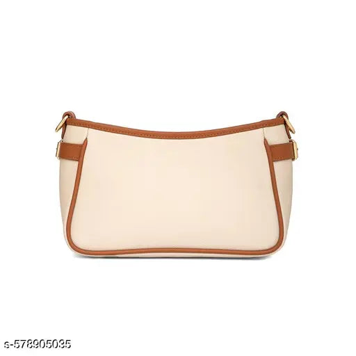 Berrylush Women Solid Beige & Brown Fabric Push-Lock Detachable Strap Embellished Regular Sling Bag