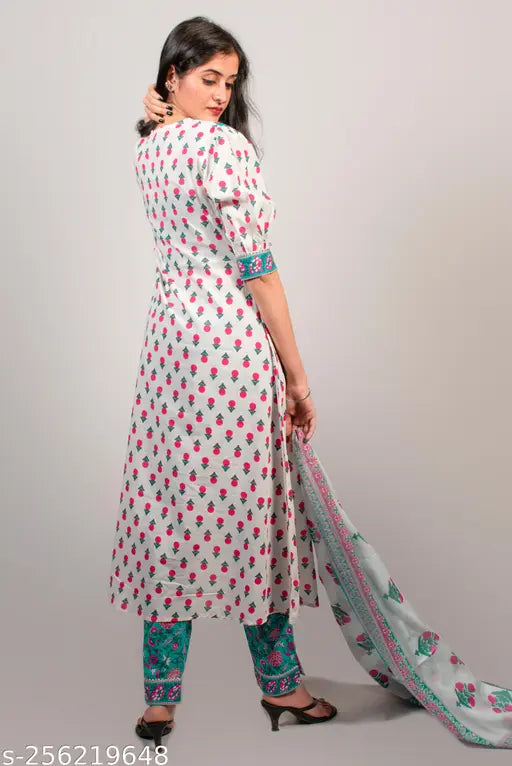 Indian Ethnic white blue Kurta Using  jacket Pattern design with Pant & Dupatta,  Readymade Casual Wear & Party Wear Kurta pant with Dupatta Stitched For Womens in cotton