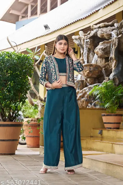 Miss Ethnik Women's Rama Chinon Stitched Top With Bottom 3/4 Sleeve Embroidered Straight Kurta (Kurta Palazzo Set) (ME-1234-Rama)