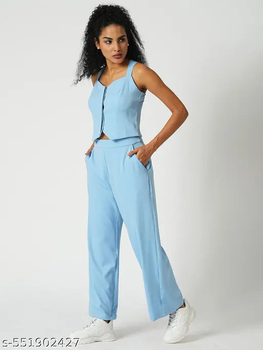 Globus Women Blue  Neck Cross Straps Back Designed Crop Top With Wide-Leg Trousers Party Co-Ord Set