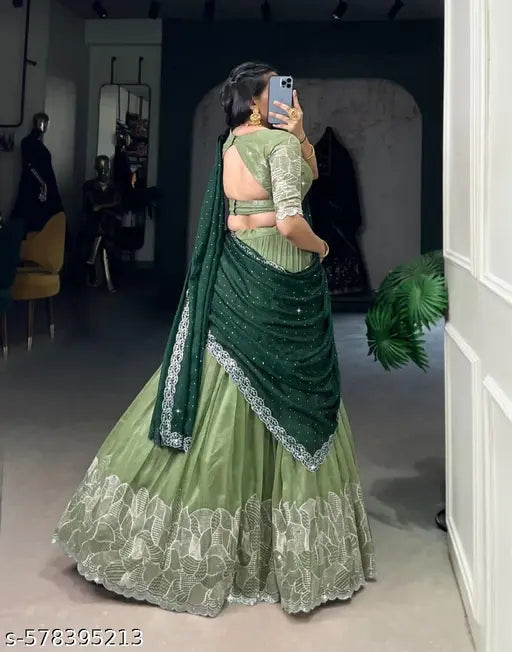 Pista Color Embroidery Work With Silk Lehenga Choli