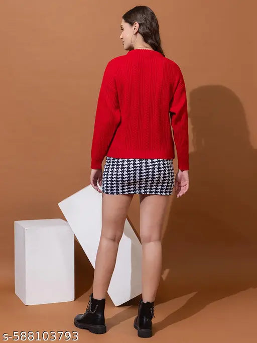 Wear lusso Women Round Neck Solid Full Sleeve Woolen Winter Pullover Red Sweater