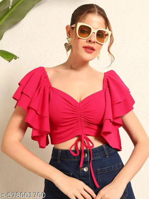 TANDUL Women Fuchsia Pink Top with Ruffled Sleeves