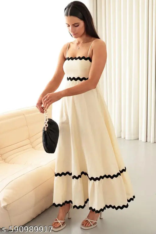 Honky Tonky Off White Cotton Maxi Dress with Black Wavy Trim