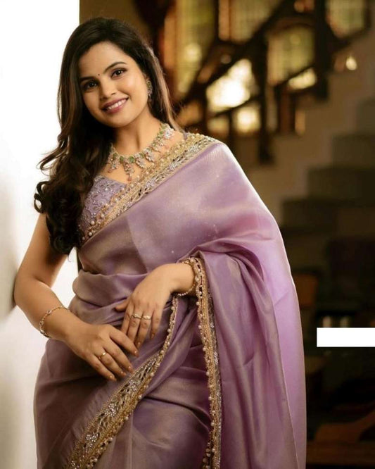 Naari Embroidered Bollywood Tissue, Silk Blend Saree with Unstitched Blouse