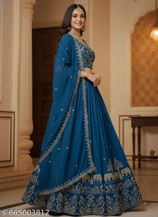 Premium Chinon Embroidered Lehenga Choli with Elephant Motif & Dupatta - Teal Blue