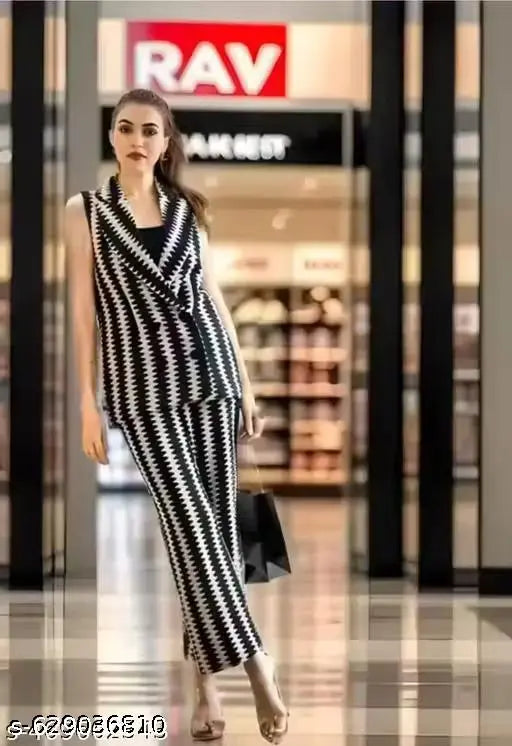 Black Latest Design Zig Zag Crochet Set Top  with  Palazzo  and  Jacket