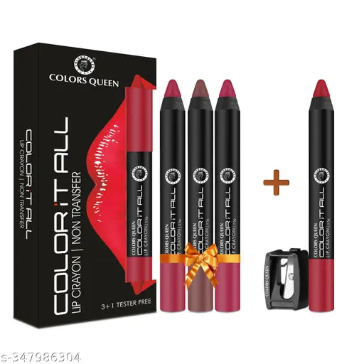 Colors Queen Color It All Non Transfer Lip Crayon Lipstick Combo Pack of 3 and Get 1 Crayon & Sharpener Free (5. Make It Happen, Chocobar, Rich High & Smoke Red 14g)