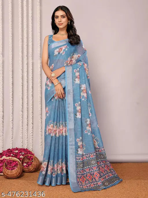 Janasya Women's Blue Cotton Linen Floral Printed Daily Wear Saree with Blouse Piece