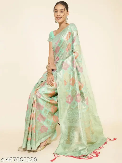 Janasya Women's Sea Green Chanderi Silk Ethnic Motifs Saree with Unstitched Blouse Piece