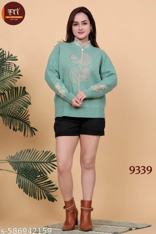 KRITI Floral Design Woollen Winter Top Green Colour For Women