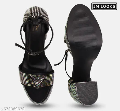 JM LOOKS Women's Chunky High Heel Sandal Embellished Rhinstone Ankle Buckle Open Round Toe Sandal Evening Party Prom - Black