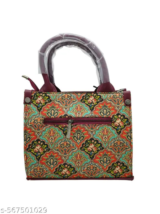 Printed Jute Handcrafted Vegan Leather Multicolor Women's Satchel Bag | Ladies Purse Handbag | Double Handle Detachable Strap