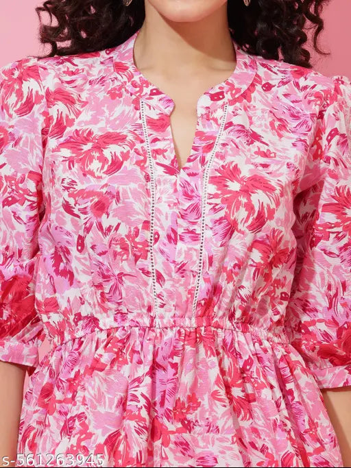 Honky Tonky Pink Floral Printed Top with Regular Sleeves for Women
