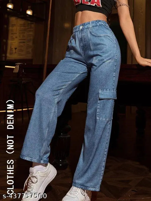 Modern Edge Jeans,  Relaxed Fit 6Pocket Stone Blue Jeans – Women & Girls, High-Waist Style Side Pocket Cargo