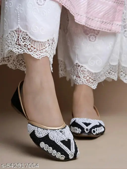 JM Looks Women's Ethnic Embllished Zardosi Beads Work Bellies Slip-On Shoes Jutti Flat Shoes Punjabi Jutti Mojari for Wedding Party Occasion - Black