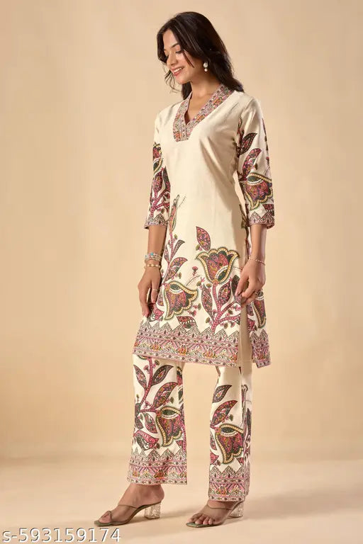 Vbuyz Women'S Off-White Floral Print Straight  Cotton Stitched Kurta With Palazzo
