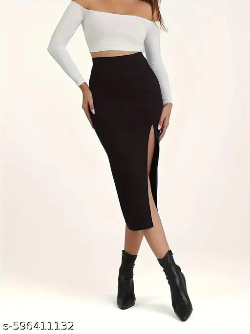 Trendy Women’s Ribbed Front Cut Pencil Skirt with Slit | Black Long Skirt | Casual & Office Wear | Black Skirt