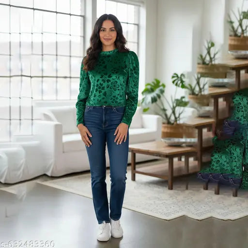 (24) "FOREST CHARM" Velvet Embossed Floral Top , top wear