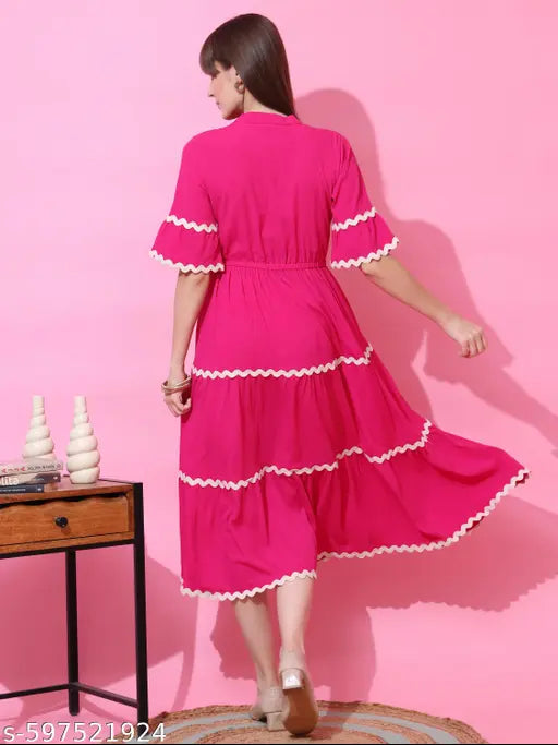Honky Tonky Pink Tiered Fit & Flare Midi Dress with White Wavy Trim and Half Sleeves