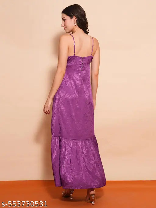 Globus Women Purple Square Neck Strappy Shoulder Ethnic Self Design Back Button Detail Fit & Flare Maxi Party Dress