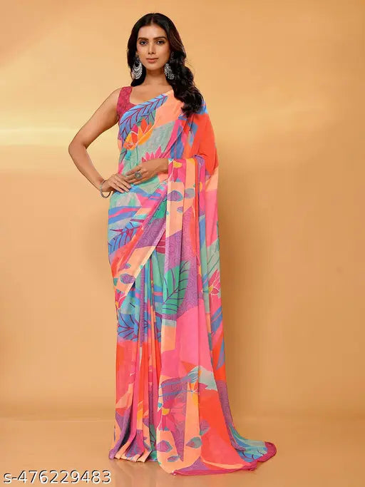 Janasya Women's Multicolor Georgette Tropical  Printed Daily Wear Saree with Blouse Piece
