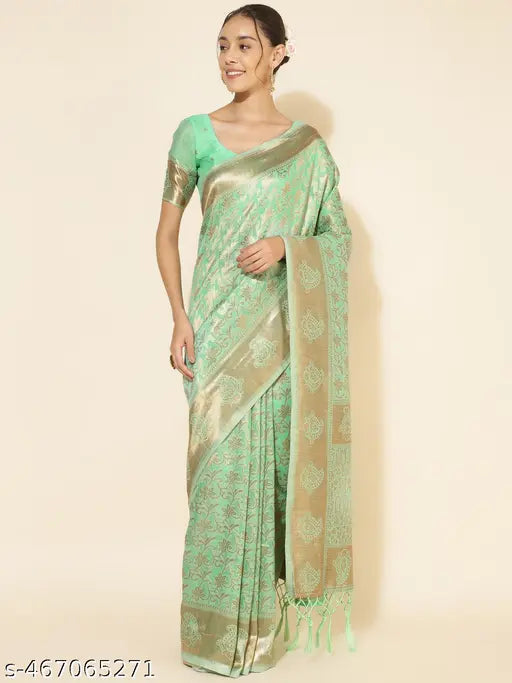 Janasya Women's Light Green Chanderi Silk Floral Saree with Unstitched Blouse Piece
