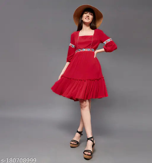 Miss Chase Women's Solid Square Neck Red Dresses