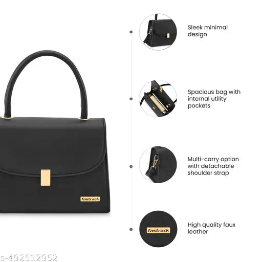 Fastrack Black Solid PU Structured Handheld Bag For Women with Detachable Sling Strap with Button closure