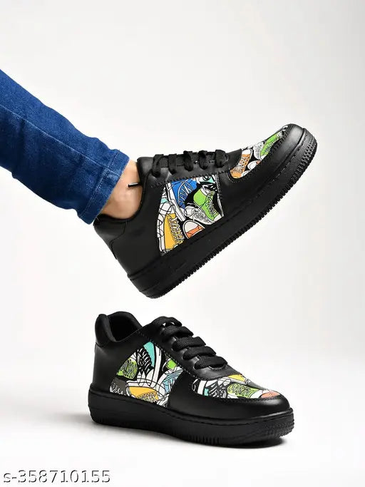 Shoetopia Lace-up Printed Detail Black Sneakers For Women