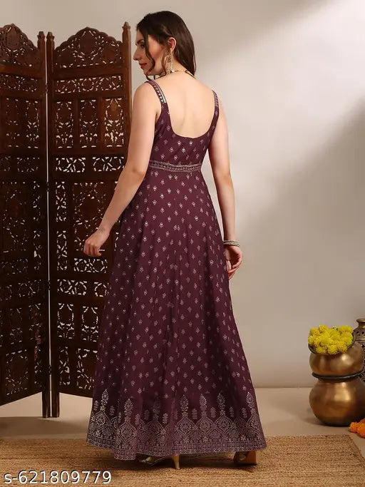 Globus Women Ethnic & Gold Foil Print Sweetheart Neck Shoulder Strap Fit and Flare Maxi Dress