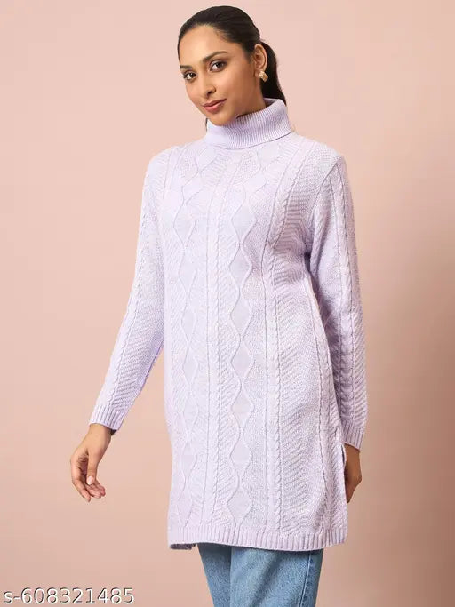 Clapton Cable Knitted  Wool Winter Wear Women’S Long Cardigan Purple